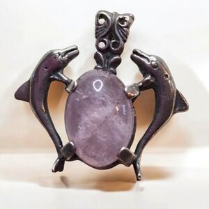 Vintage Sterling Silver 925 Rose Quartz and Two Dolphins Pendant